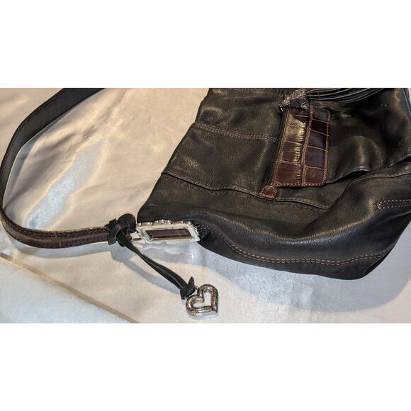 Vintage BRIGHTON Black & Brown Leather Shoulder Bag Handbag + Tassel & Bag Charm - Picture 5 of 13